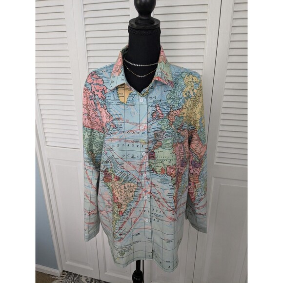 Tops - MissLook Shirt Womens L Blue World Map Long Sleeves Button Up Top Atlas Globe